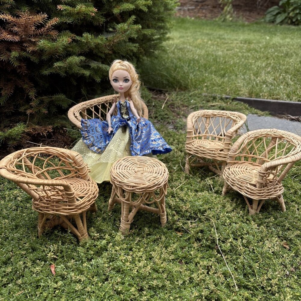 Doll Size Wicker Rattan Furniture Set For Patio Pool Bar Lounge Barbie 5 Pieces